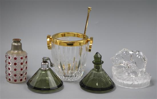 A Baccarat scent bottle, a pair of Deco scent bottles, a paperweight etc